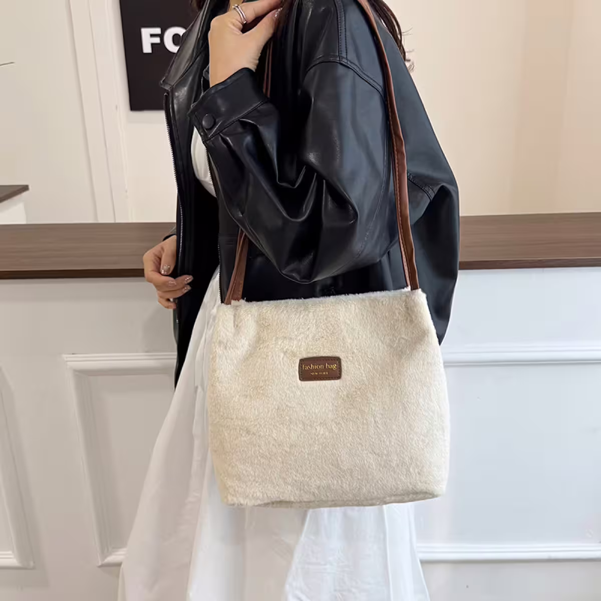 絨毛長方包&times;肩背包&times;米白-第5張