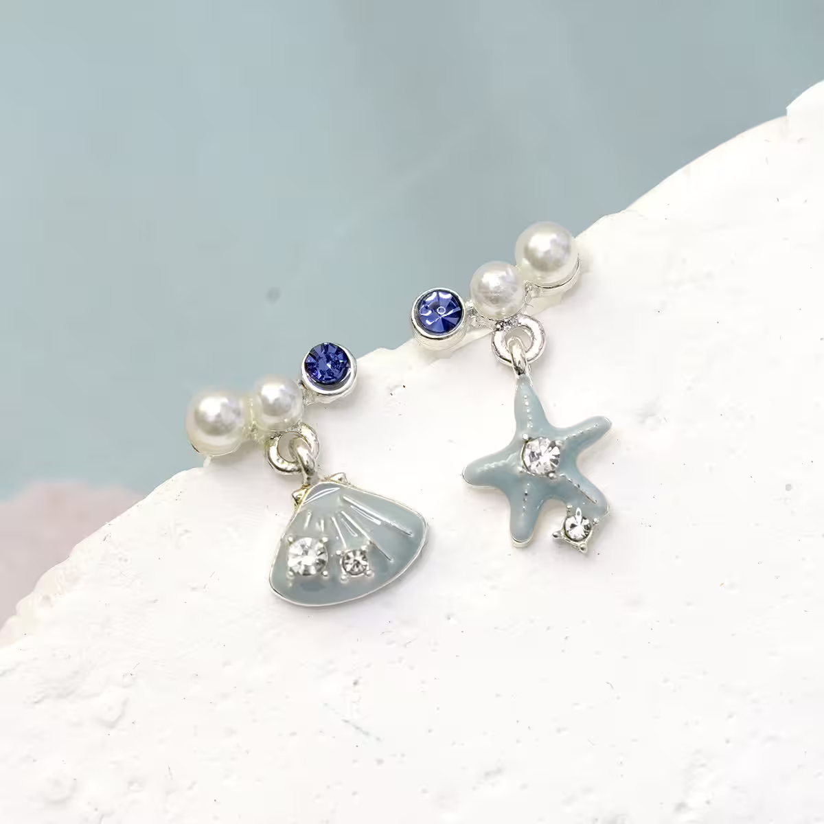 水藍海星貝殼&times;不對稱吊墜耳環-第1張