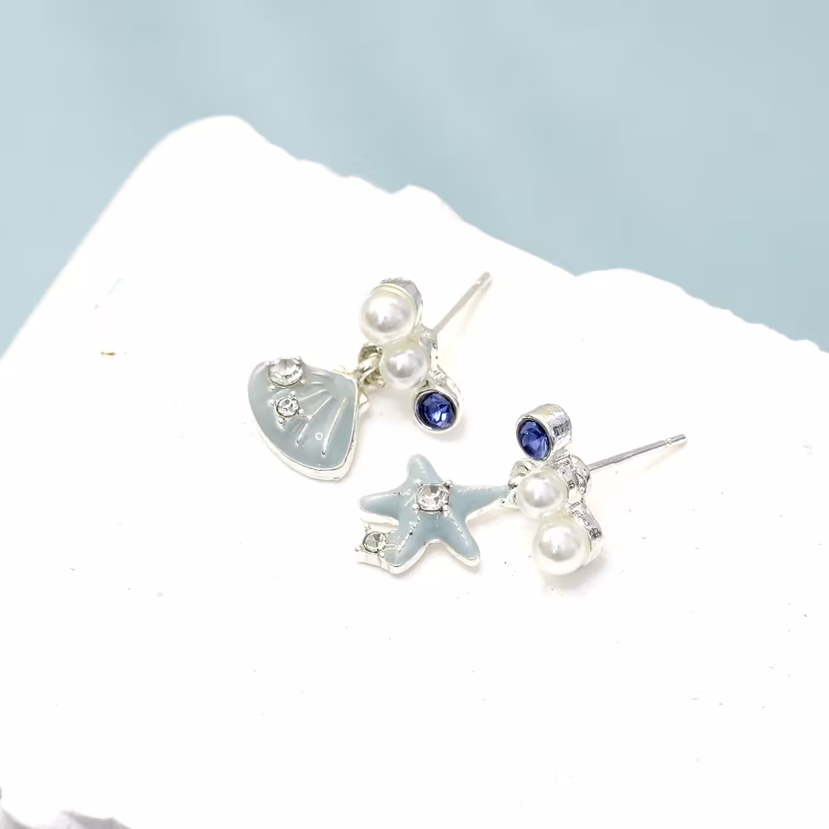 水藍海星貝殼&times;不對稱吊墜耳環-第3張