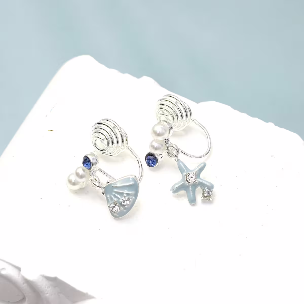 水藍海星貝殼&times;不對稱蚊香盤U型耳夾-第2張