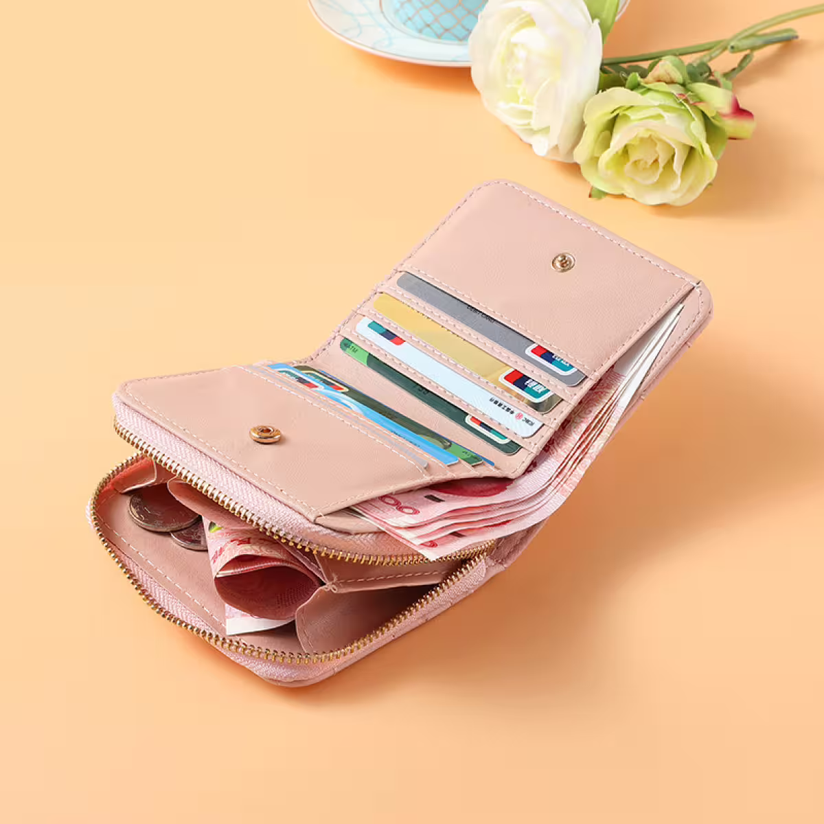 時尚格紋&times;對折短夾&times;拉鍊零錢包&times;紅色-第5張