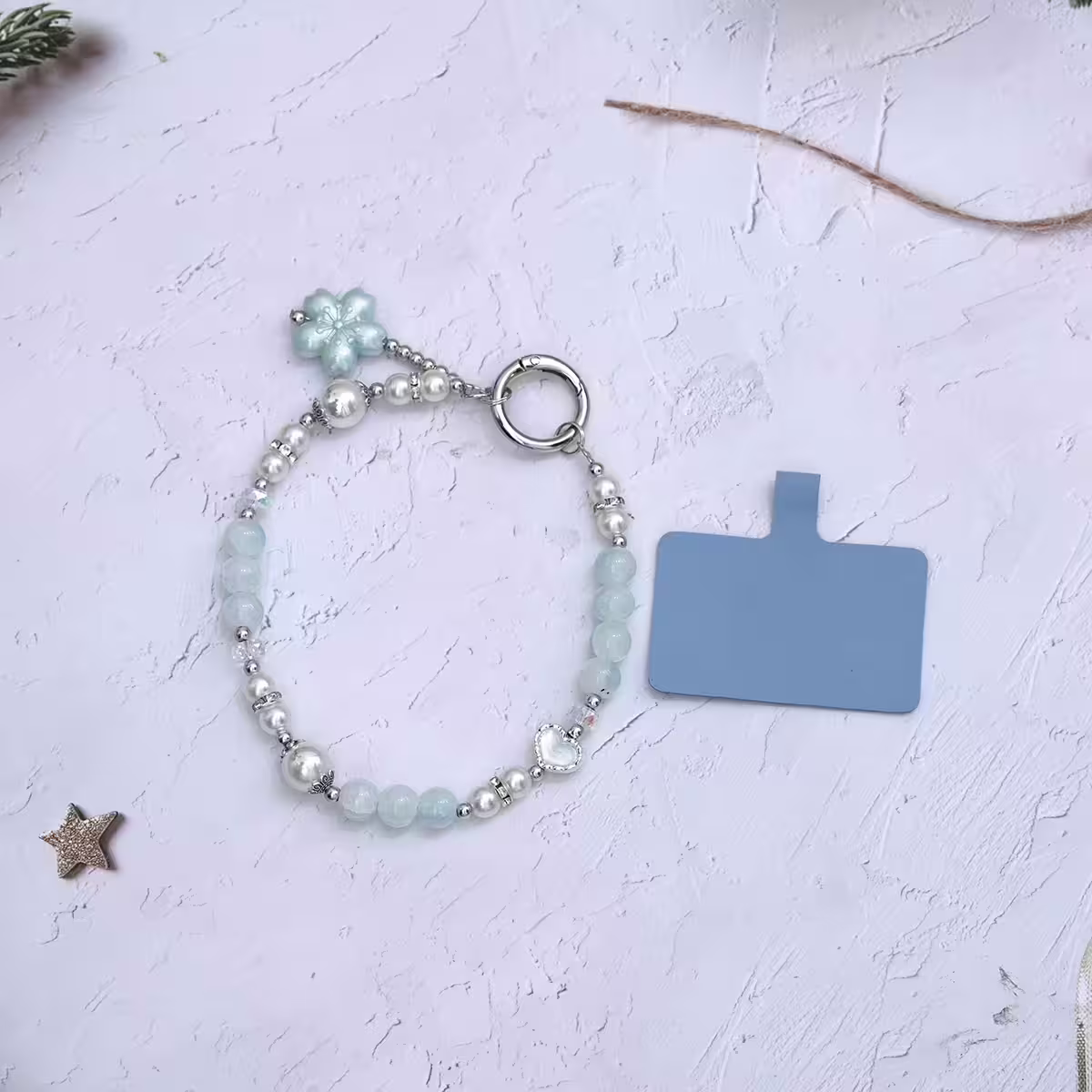 貓眼石琉璃小花&times;手機腕帶掛繩&times;藍綠-第1張