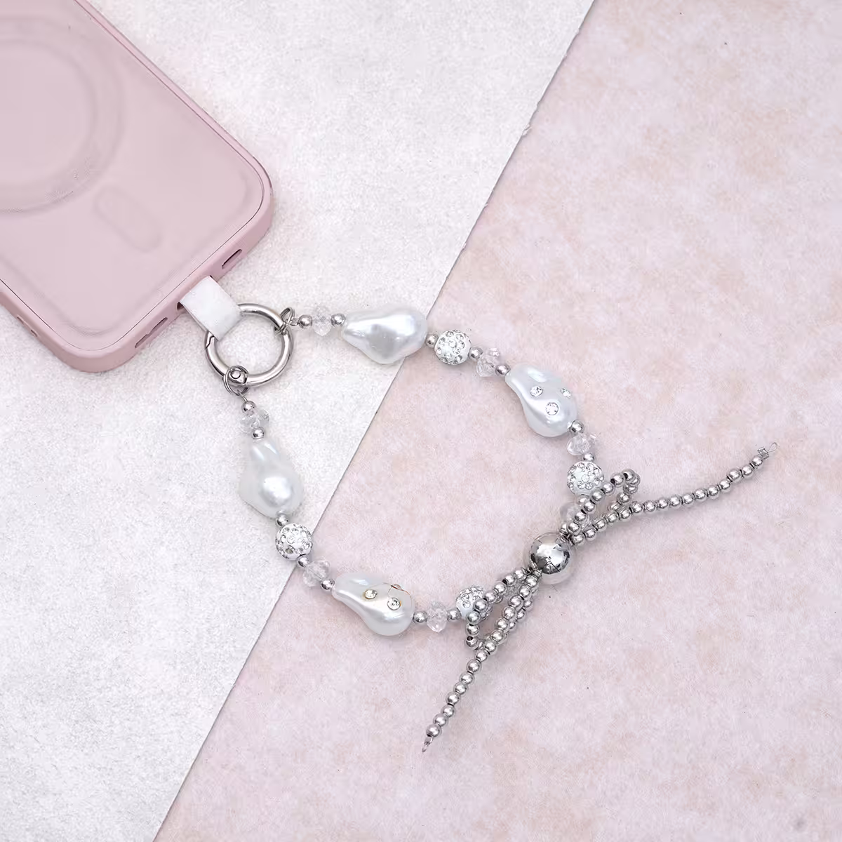 銀珠蝴蝶結珍珠&times;手機腕帶掛繩-第3張