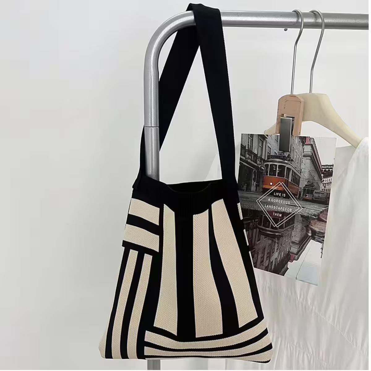 黑白線條&times;針織&times;單肩背包-第5張