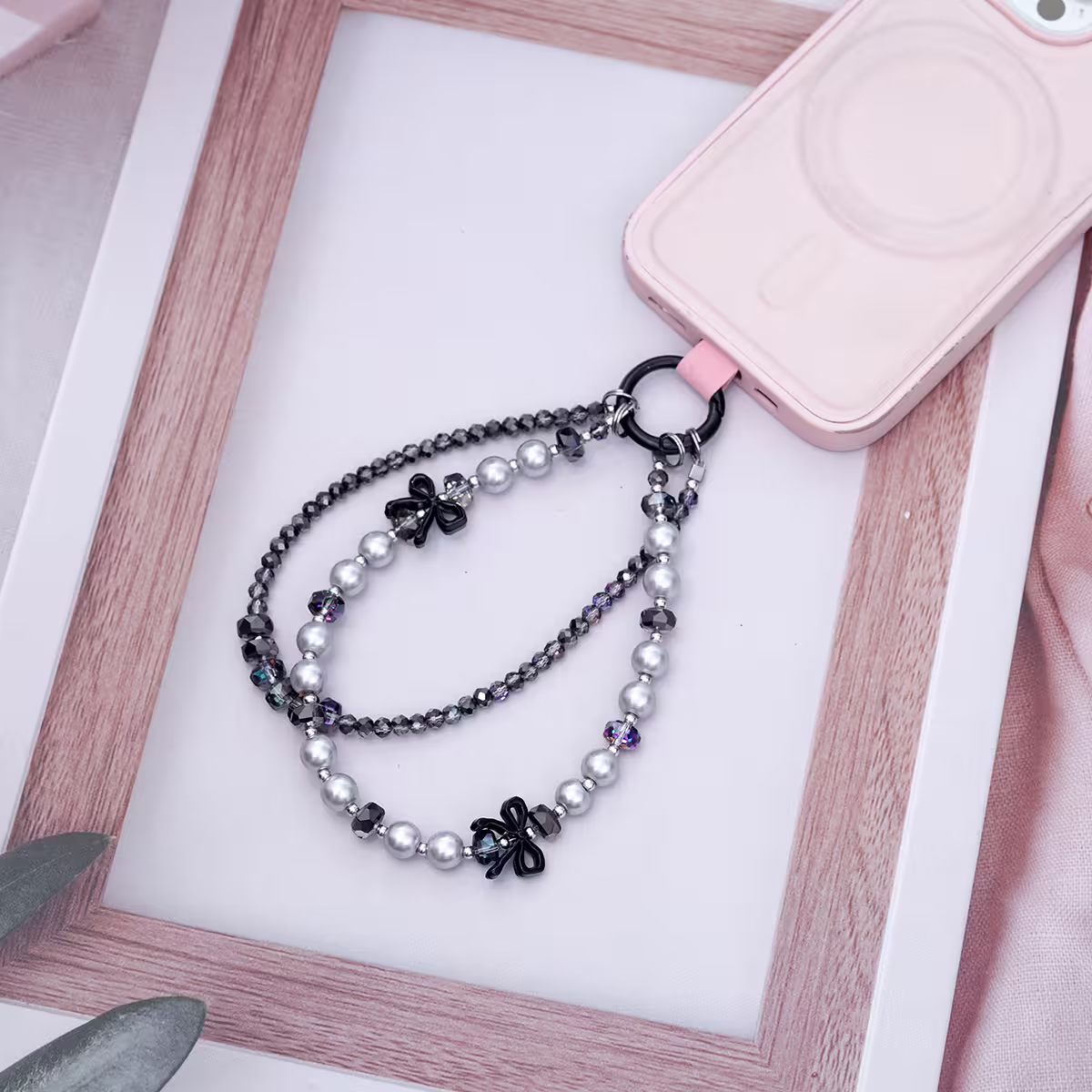 雙層華麗蝴蝶結派對&times;手機腕帶掛繩&times;黑色-第2張