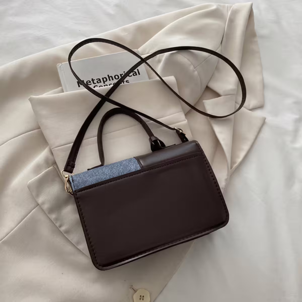 牛仔單寧皮革撞色&times;斜背包&times;深咖-第3張