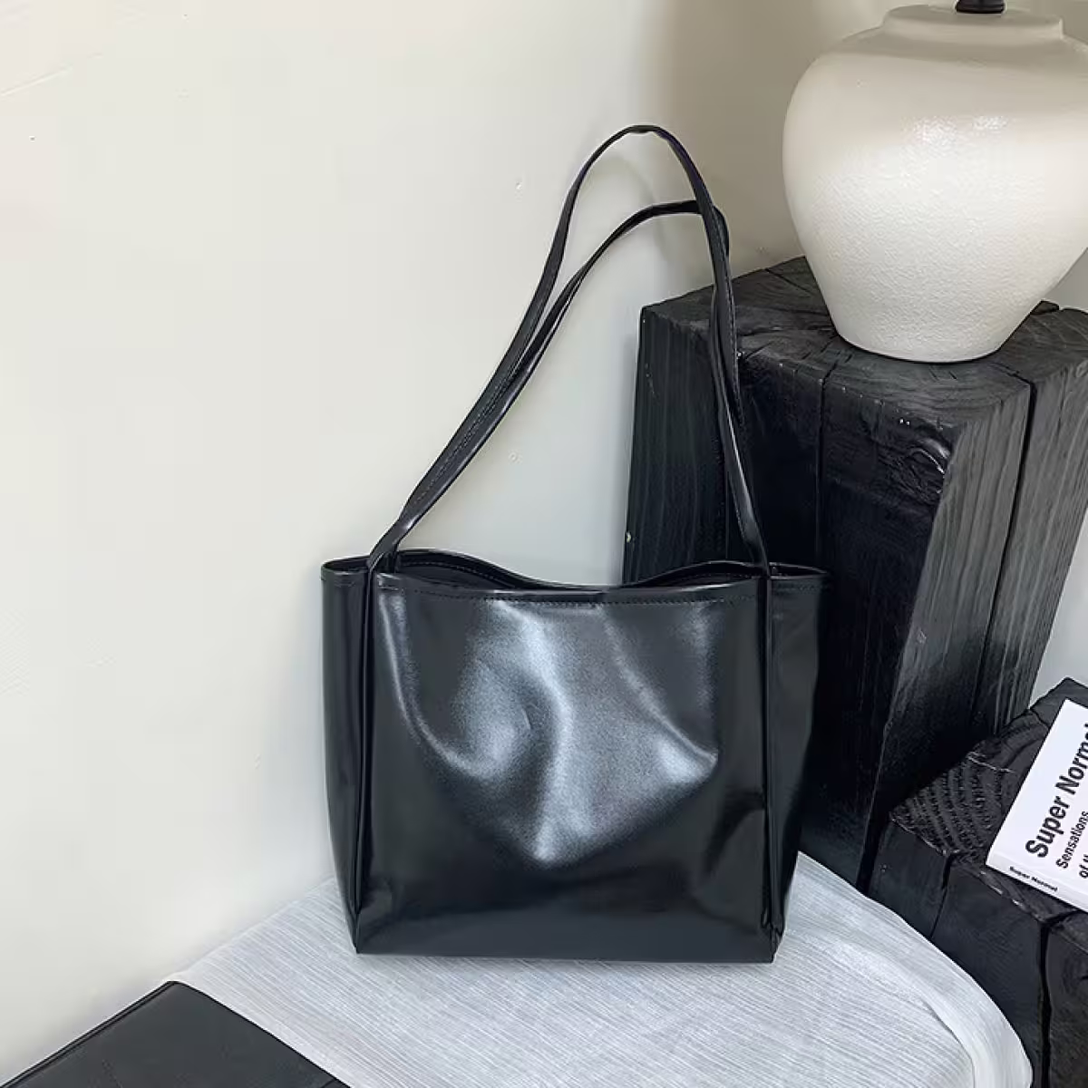 日常皮革素面&times;肩背包&times;黑色-第1張