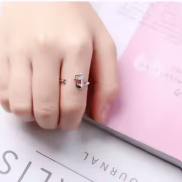 925銀飾×晶鑽愛心優雅貓咪×開口戒指