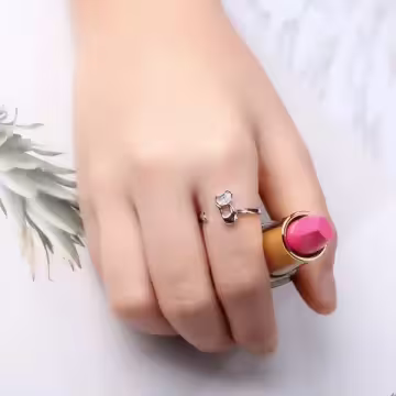 925銀飾×晶鑽愛心優雅貓咪×開口戒指