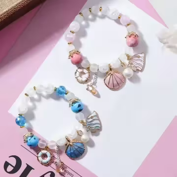 甜美貝殼海洋熱帶魚×固定式串珠手環×嫩粉