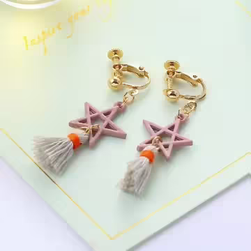 粉紅五角星布藝流蘇×螺旋耳夾