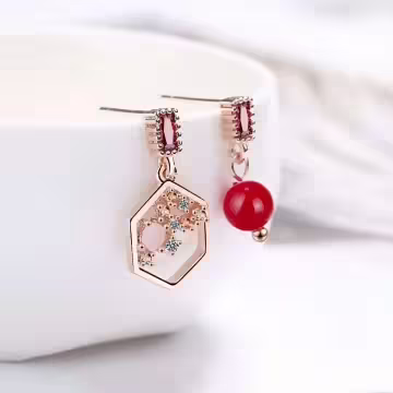 復古六角相思紅豆×不對稱吊墜耳環