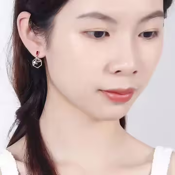 復古六角相思紅豆×不對稱吊墜耳環