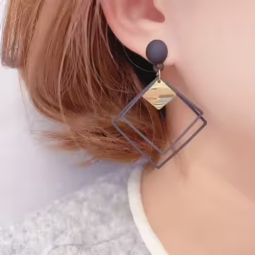 雙層菱形酷黑金屬×吊墜耳環