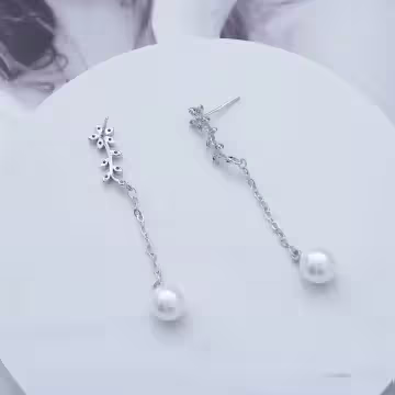 925銀針×花朵枝葉珍珠×流蘇耳針