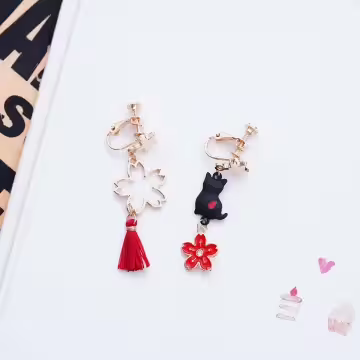 黑貓紅櫻流蘇×不對稱螺旋耳夾