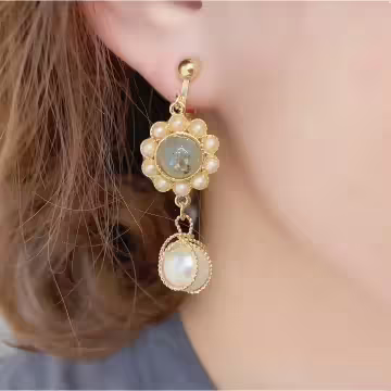 花邊灰晶線繞珍珠×螺旋耳夾