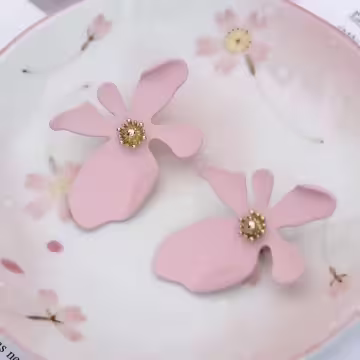 不規則粉紅五瓣花朵×吊墜耳環