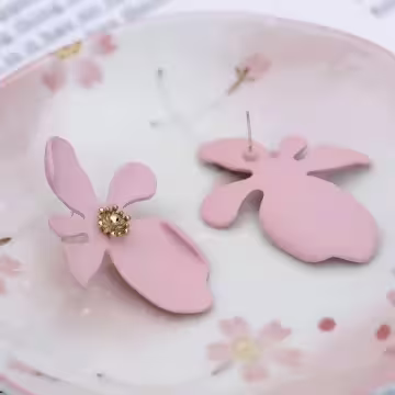 不規則粉紅五瓣花朵×吊墜耳環