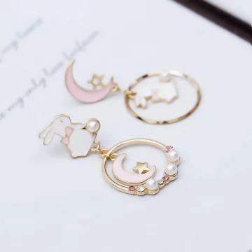 小兔彎月星空圓環×不對稱吊墜耳環×共二色.avif