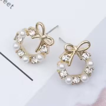 小花圈鑲鑽珍珠×耳環