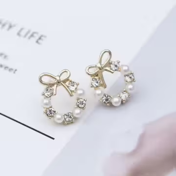 小花圈鑲鑽珍珠×耳環