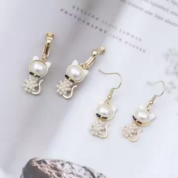 白珍珠小貓咪×吊墜耳勾