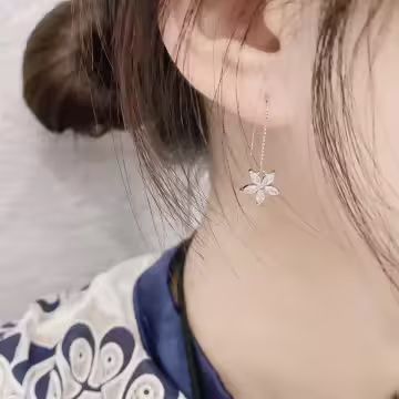 925銀針×鑲鑽五瓣花朵螺紋線勾×耳勾