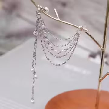 好多層垂墜流蘇珍珠水鑽×單邊耳骨吊墜耳環