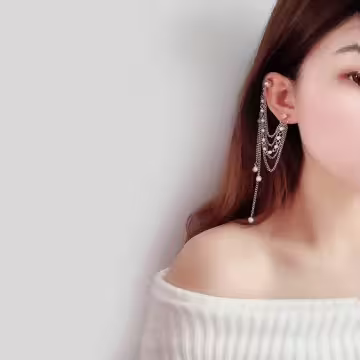 好多層垂墜流蘇珍珠水鑽×單邊耳骨吊墜耳環