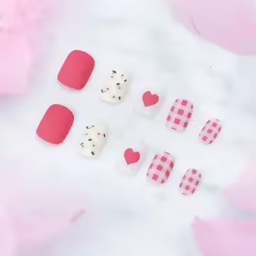 粉桃格子小花霧面×穿戴式手指甲片×二十四入