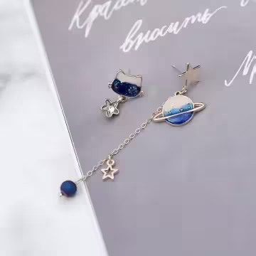 漸變色萌貓星球×不對稱吊墜耳環