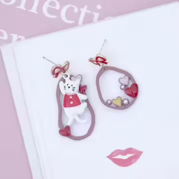 領結愛心小貓×不對稱吊墜耳環