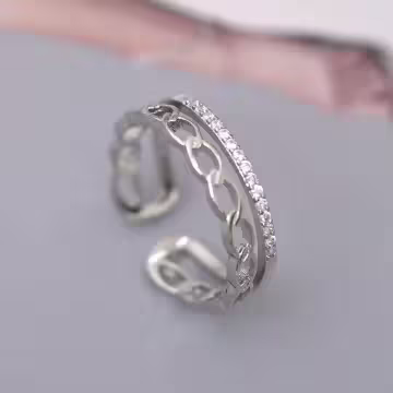 925銀飾×結辮雙層晶鑽×開口戒指