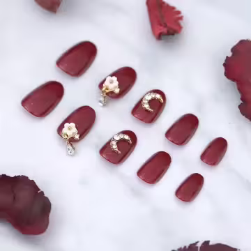 大紅月亮小花水滴亮面×穿戴式手指甲片×二十四入