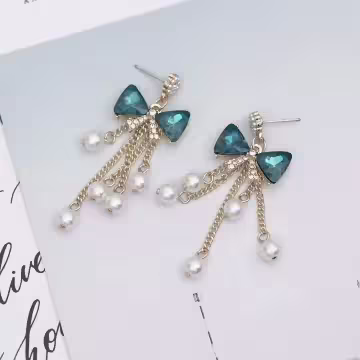 藍晶領結珍珠流蘇簾×吊墜耳環