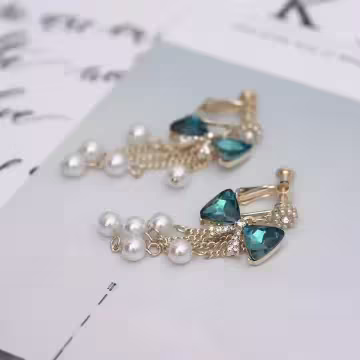 藍晶領結珍珠流蘇簾×螺旋耳夾