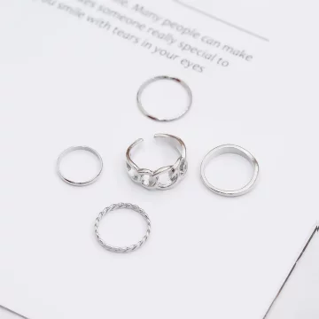 粗曠鍊條細圈麻捲×五套件戒指組×銀色.avif