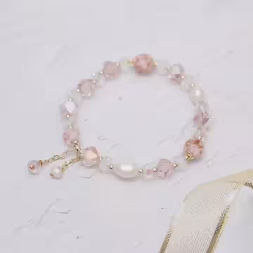 甜粉燦金垂墜珍珠×固定式串珠手鍊