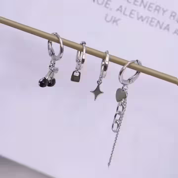 黑櫻桃鎖頭幾何流蘇×四套件單邊耳扣組