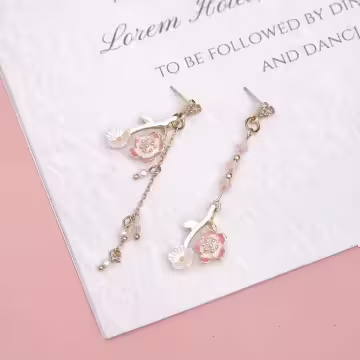 長款粉櫻桃花流蘇×不對稱吊墜耳環