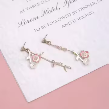 長款粉櫻桃花流蘇×不對稱吊墜耳環