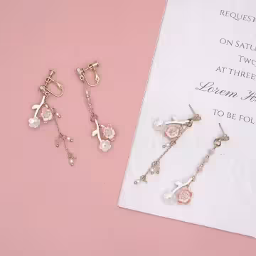 長款粉櫻桃花流蘇×不對稱螺旋耳夾