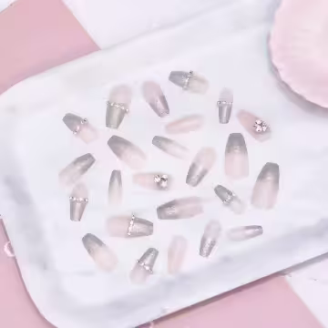 銀粉星鑽粉色亮面×穿戴式手指甲片×二十四入