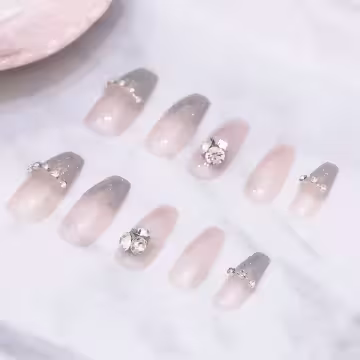 銀粉星鑽粉色亮面×穿戴式手指甲片×二十四入