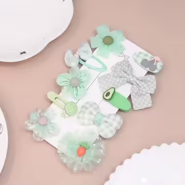酪梨櫻桃蕾絲蝴蝶結×十套件髮夾組×淺綠