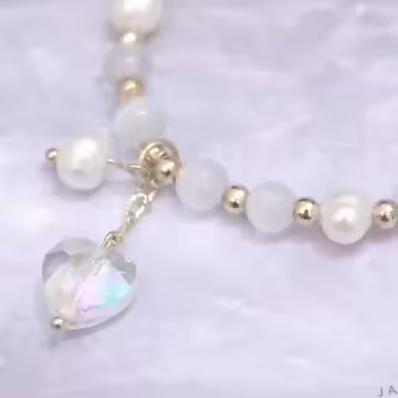 白色貓眼石珍珠愛心&times;固定式串珠手鍊