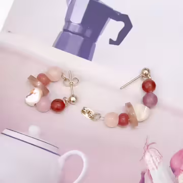 粉玉珠子扭釦天然石×後掛式吊墜耳環