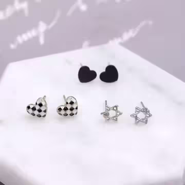 黑白格子愛心星星×三套件耳環組