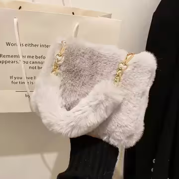 手提小巧毛絨絨×鍊條斜背包×淺灰